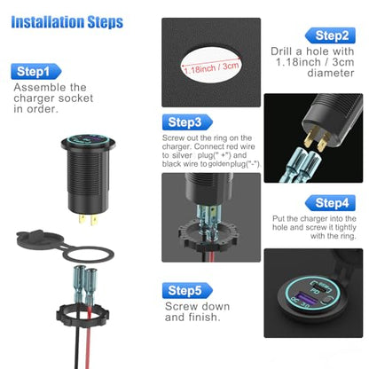 Boostable 12V USB C Outlet 65W PD3.0 Port and 18W Quick Charge 3.0 Car USB Charger Socket for Laptops Tablets Phones, Waterproof 12V/24V Socket with Power Switch for Car Marine Boat Motorcycle RV