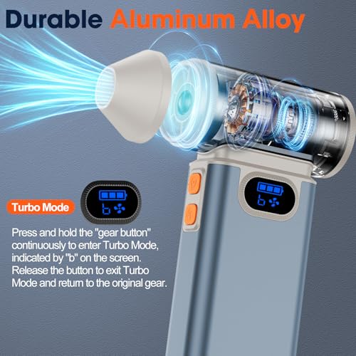 Metal Electric Compressed Air Duster, 300000RPM High Speed Rechargeable Air Blower&Pump for Leaf Blower with Digital Display, 4-Speed Modes-Brushless Motor Mini PC Dust Cleaner with Light(Silver) - color: Silver