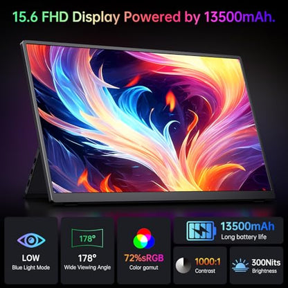 Portable Monitor 15.6" FHD 1080p with 13500mAh Built-in Battery, Kickstand & Speakers, HDMI USB C External Travel Monitor for Laptops, PC, Mac, Xbox, Switch, and PS5/4