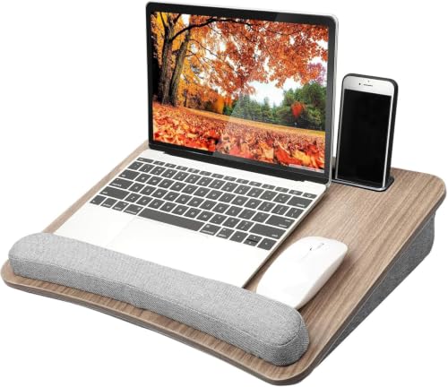 HUANUO Laptop Lap Desk - Portable Lap Desk with Pillow Cushion, Fits up to 15.6 inch Laptop, with Anti-Slip Strip & Storage Function for Home Office Students Use as Computer Laptop Stand, Book Tablet - color: Wood Grain, size: Medium