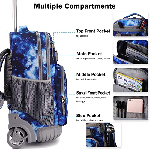Tilami Rolling Backpack 18 inch Wheeled Laptop Backpack School College Student Travel Trip Boys and Girls, Galaxy Blue - color: Galaxy Blue