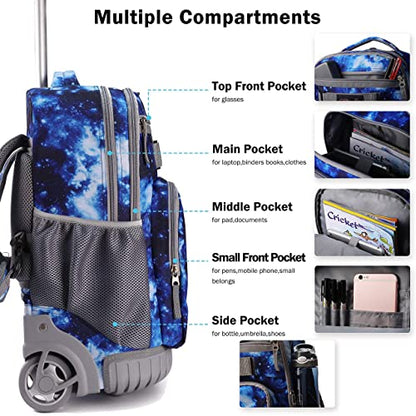 Tilami Rolling Backpack 18 inch Wheeled Laptop Backpack School College Student Travel Trip Boys and Girls, Galaxy Blue - color: Galaxy Blue