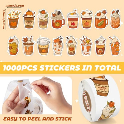 Haooryx Fall Coffee Sticker Roll - 1000p Autumn Pumpkin Spice Latte Coffee Cup Waterproof Vinyl Laptop Sticker Water Bottle Page Activity Pad Thanksgiving Birthday Party Scrapbook Greeting Card Making - style: Fall-Theme Pumpkin Coffee Cup 2Roll