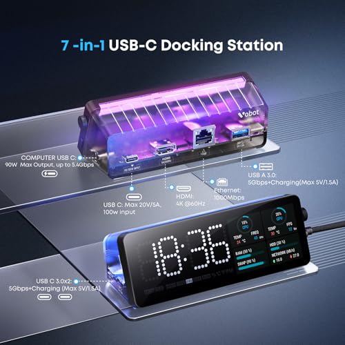 Laptop Docking Station (7-in-1), Docking Station with Screen, Multiple Built-in Apps, USB C Dock with HDMI 4K@60Hz, 90W Max Power Delivery, 1 Gbps Ethernet, USB C Hub for Mac/Dell/HP - color: black grey