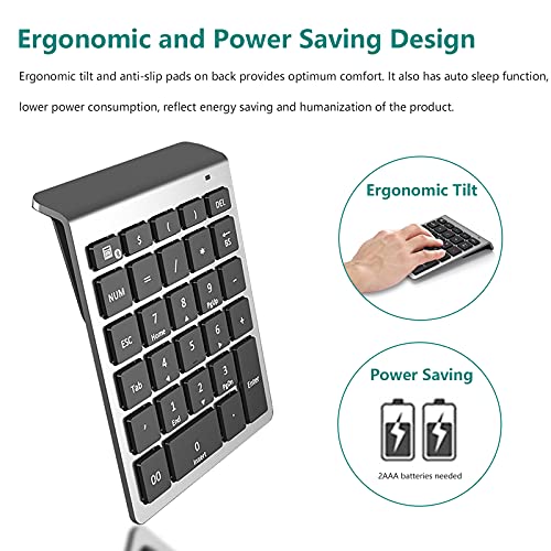 Lekvey Bluetooth Number Pad, 10 Keys Numeric Keypad Portable Wireless Bluetooth Keypad : 28-Key Numpad Extensions for Financial Accounting Data Entry for Laptop Surface Pro Tablets Windows, Silver - color: Silver