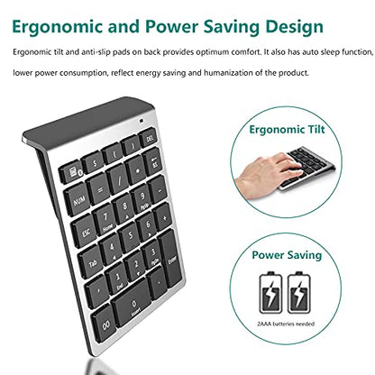 Lekvey Bluetooth Number Pad, 10 Keys Numeric Keypad Portable Wireless Bluetooth Keypad : 28-Key Numpad Extensions for Financial Accounting Data Entry for Laptop Surface Pro Tablets Windows, Silver - color: Silver