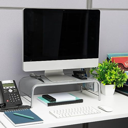 Mind Reader Monitor Stand, Ventilated Laptop Riser, Desktop Organizer, Side Storage, Metal Mesh, 20"L x 11.5"W x 5.5"H, Silver - color: Silver