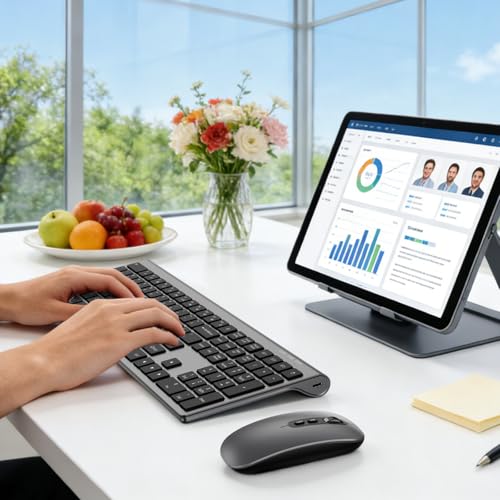 Rechargeable Wireless Bluetooth Keyboard and Mouse Combo, Full Size Silent Ergonomic Scissor Switch Keyboard and Optical Mouse Set, 2.4G Lag-Free Cordless Keyboard Mice for Computer,Mac,Laptop,PC-Grey