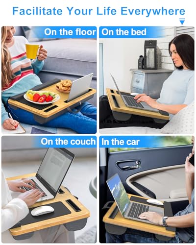 HETTHI Laptop Lap Desk, Portable Large Laptop Desk for Bed, Up to 17 in Lap Table with Wrist Rest, Mouse Pad, Tablet Phone Slot, Portable Handle, Cushion (Light Brown) - color: Light Brown
