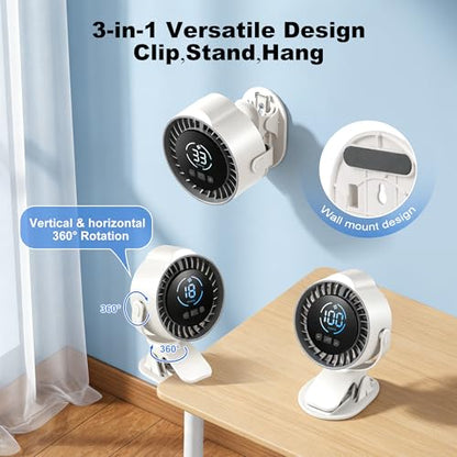 Clip On Rechargeable Fan with LED Light 100 Speed (Need Long Press), 720° Adjustment, Small Protable Desk Fan Quiet Clamp Base 12H Battery, 7 Blades for Dorm Bedroom Travel Camping - color: white