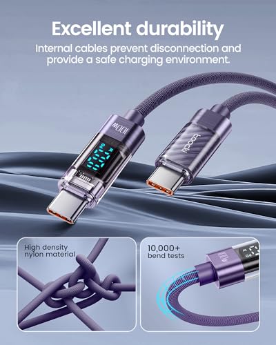 toocki USB C to USB C Cable with LED Display 100W 6.6ft, 2Pack | Fast Charging, Nylon Braided, Purple, Compatible with iPhone 17/16, MacBook Pro, Galaxy S25 - color: Purple, size: 6.6+6.6ft