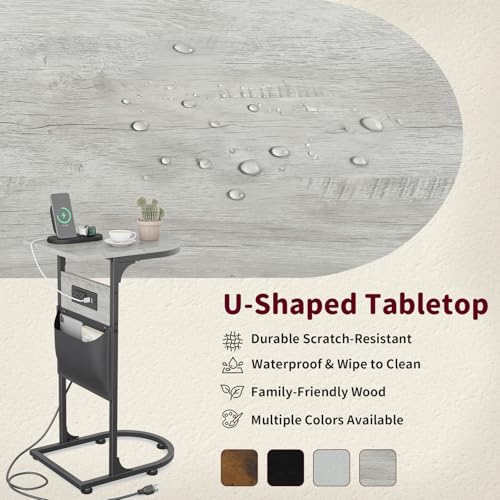 C Shaped End Table with Charging Station, Small Side Table for Couch, C Table Slides Under Sofa with Storage Bag, TV Tray Table for Recliner, Living Room, Bedside, Bedroom, Small Spaces, Greige - color: Charging Station Greige
