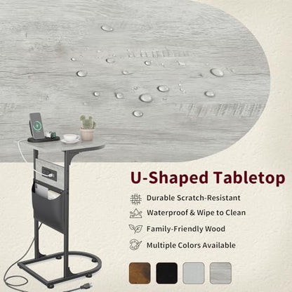 C Shaped End Table with Charging Station, Small Side Table for Couch, C Table Slides Under Sofa with Storage Bag, TV Tray Table for Recliner, Living Room, Bedside, Bedroom, Small Spaces, Greige - color: Charging Station Greige