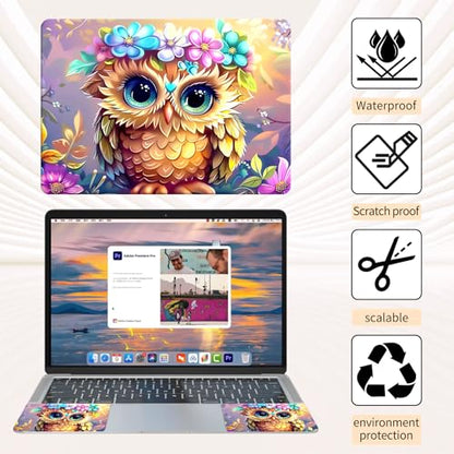 Laptop Skin Sticker 3-Piece Set,Owl Flowers | Trim-to-fit 3-piece vinyl set with one 15 x 10.6 in lid skin and two palm-rest decals for many 12-15.6 in laptops - color: Owl Flowers