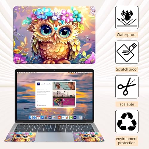 Laptop Skin Sticker 3-Piece Set,Owl Flowers | Trim-to-fit 3-piece vinyl set with one 15 x 10.6 in lid skin and two palm-rest decals for many 12-15.6 in laptops - color: Owl Flowers