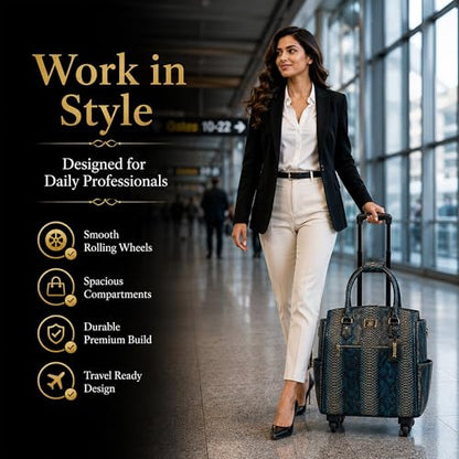 Rolling Laptop Bag for Women with Wheels & Handle Luxury Pure Leather Embossed Work Bag with Laptop Sleeve Travel Briefcase - color: Teal & Shadow