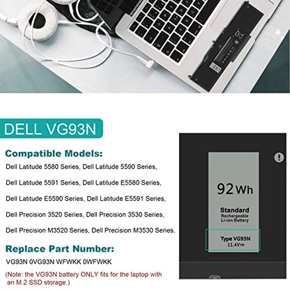 ASUNCELL VG93N 92Wh 6-Cell Laptop Battery Compatible with Dell Precision 15 3520 3530 M3520 M3530 Latitude 5580 5590 5591 E5580 E5590 E5591 Series 0VG93N WFWKK 0WFWKK 11.4V 7666mAh - size: VG93N 12.60 × 6.50 × 0.94 in