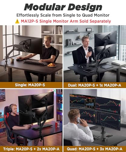 Extra-Tall Extension Arm Accessory for MA12P-S Do Not Use Alone | Max 4 Screens, Dual 40" Vertical Stacked Monitor Mount, Base & Pole Not Included, VESA 100x100, Black, MA12P-A - size: Extension Monitor Arm