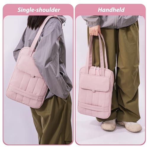 15.6 Inch Puffy Laptop Sleeve with Handle for Women Men, Pink | Compatible with Macbook Pro/Air/Neo Laptops, Laptop Case with Luggage Strap, Vertical Quilted Shoulder Bag for Travel Work - color: Pink