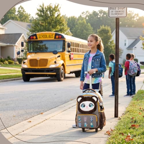 Meetbelify Rolling Backpack for Girls Backpacks with Wheels for Elementary Student Kids School Travel Bag for Girls Ages 6-8 Years Old - color: Brown