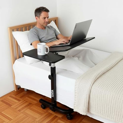 KMINA Overbed Table with Wheels, Hospital Bed Table, Tilting, Adjustable Height, Wood and Steel, C Shaped Side for Home Use Swivel, Black - color: Black
