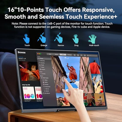 16" Touchscreen Portable Monitor,1920x1200P IPS Travel Secondary Screen,USB-C HDMI Plug&Play w/Foldable Stand,Dual Extender for Laptop Mac Phone Switch PS5 Xbox Office Gaming - size: 16inch Touch