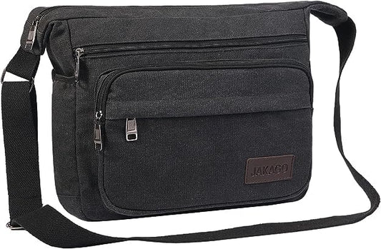 JAKAGO 13" Canvas Messenger Bag Multi Pockets Cross body Bag for Daily Use Satchel Bag for Business Travel - color: Black, size: Medium