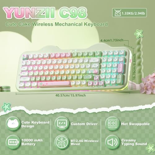 YUNZII C98 Cute Wireless Mechanical Keyboard(Green Mao, Milk Switch) | Cake Keyboard,99 Keys with Number Pad, MAO Keycaps, BT5.0/2.4G/USB-C,Hot Swap, Gasket Mount, Custom RGB Backlight for Win/Mac - color: Green MAO, size: Milk V2 Linear Switch