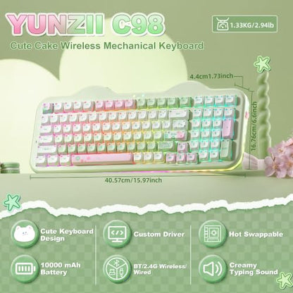 YUNZII C98 Cute Wireless Mechanical Keyboard(Green Mao, Candy Switch) | Cake Keyboard,99 Keys with Number Pad, MAO Keycaps, BT5.0/2.4G/USB-C,Hot Swap, Gasket Mount, Custom RGB Backlight for Win/Mac - color: Green MAO, size: Candy Linear Switch