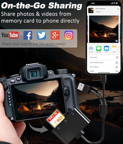 XD Card Reader for iPhone - 3-in-1 SD/MicroSD/XD Picture Card Reader Adapter with Triple Ports USB-C, Lightning, USB-A, Compatible with iPhone 17/16/15, Android, iPad, PC, Mac - color: Black