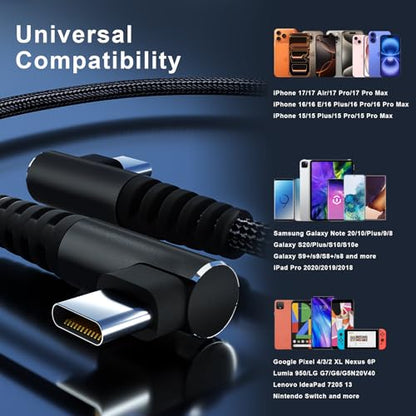 USB C to USB C Cable 100W 1ft 3 Pack 90 Degree Type C Cable Nylon Braided Right Angle USBC Fast Charging Cable Compatible with iPhone 15 16 17 Series, MacBook, iPad Pro, Galaxy S8 - S24, Pixel, LG