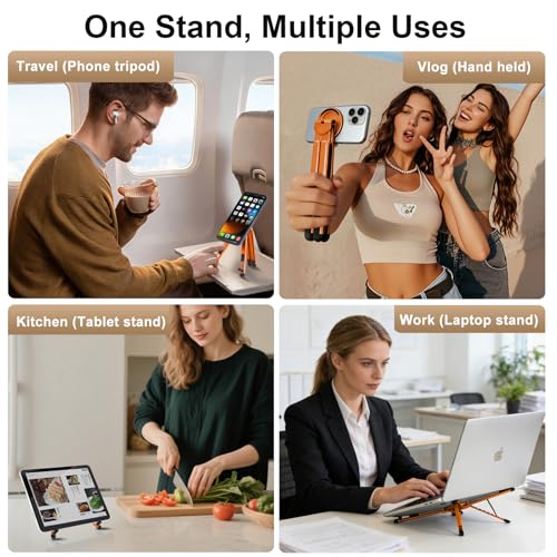 3-in-1 Foldable Magnetic Phone Tripod Stand, Portable Aluminum Alloy Adjustable Holder for Tablet, Laptop MacBook Pro/Air 10–16", Magnet Phone Mount Compatible with MagSafe iPhone Android - color: Orange