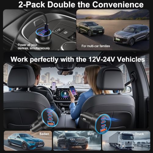 98W Car Charger USB C Fast Charge, 2 Pack 4-Port Fast Car Phone Charger | [4 in 1] Dual PD30W+PD20W+QC18W,3 USB-C & USB-A Cigarette Lighter USB Charger Adapter for iPhone 17 16 15 Pro Max,iPad,Galaxy - color: Black