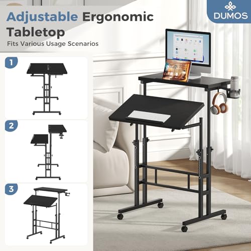 DUMOS Rolling Standing Desk, Sit Stand Desk, Computer Cart | 23.6 Inch Width, Height Adjustable, Split Top, Mobile Laptop Workstation, Office Table, Portable Design, Black - color: Black