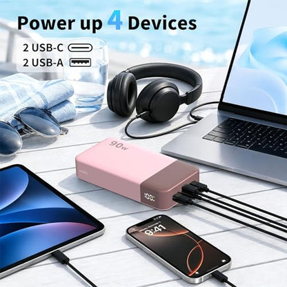 NOBIS Power Bank 90W 20,000mAh Laptop Portable Charger | PD Fast Charging Battery Pack, 4-Port, Digital Display, Compatible Laptop, Tablet, Phone and More - color: Pink