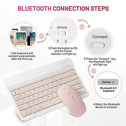 Bluetooth Keyboard and Mouse Combo Rechargeable Portable Wireless Keyboard Mouse Set for Apple iPad iPhone iOS 13 and Above Samsung Tablet Phone Smartphone Android Windows (10 inch Pink) - color: pink