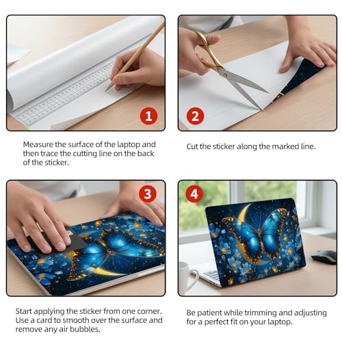 Universal Laptop Skin Sticker Decal, 12"-15.6" Aesthetic Vinyl Wrap, Blue Butterfly Moon Waterproof Notebook Cover Art Protector for MacBook HP Dell Lenovo, Fits 13" 14" 15" 15.6" - color: Blue Butterfly Moon