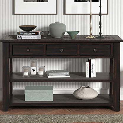 48’’ Modern Farmhouse Wood Entryway Console Table with Storage (Black) | 3-Tier Sofa Table Behind Couch, 3 Drawers, 2 Open Shelves, Easy Assembly, for Living Room, Foyer, Hallway - color: Black