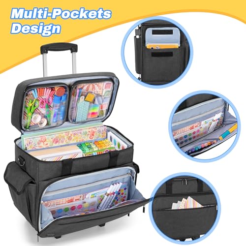 Teamoy Rolling Scrapbook Tote, Craft Bag with Detachable Wheels, Black | Scrapbook Storage Bag with Bottom Wooden Pad, 2 detachable zipper pouches, Shoulder Straps for Paper, Ablum - color: Black