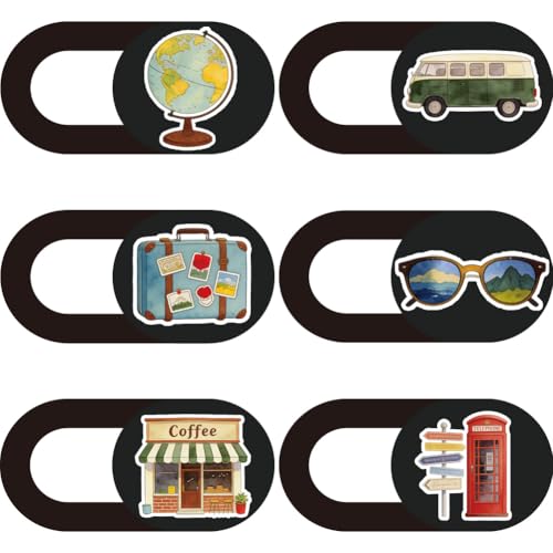 6Pcs 6 Styles Travel Theme Camera Cover Slide Cute Privacy Guard Accessories, 0.03 Inch Ultra Thin Webcam Cover Protector Blocker for Phone Laptop Desktop Computer Tablet Mini PC Office Use - color: Travel