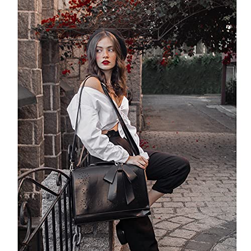 ECOSUSI Women's Briefcase Vegan Leather Laptop Bag for Work Shoulder Computer Satchel Bag with Detachable Bow - color: L-black