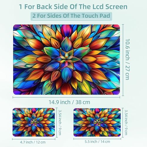 Universal Laptop Skin Decal, 3-Piece Vinyl Protector for 12 13 14 15.6" Notebook, Waterproof Anti-Scratch, Easy Trim & Bubble-Free Finish, Stained Glass Flower Pattern - color: Stained Glass Flower Pattern