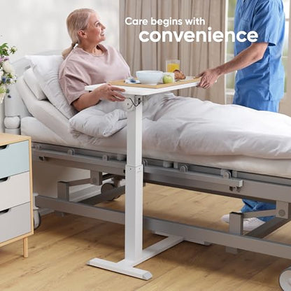 ONKRON Portable Desk on Wheels, max 17.6 lbs, Mobile Workstation, White | Height adjustable overbed table with 90° tilting top, hidden wheels, low-profile base; for laptop, bedside use & study