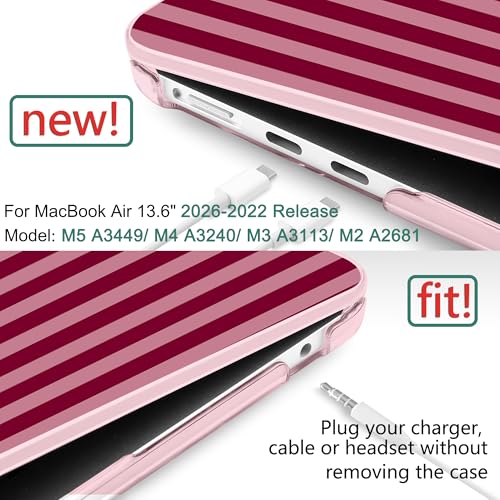 for MacBook Air 13 Inch (13.6 Inch) Case, M5/M4/M3/M2 Chip 2026 2025 2024 2023 2022, Hard Plastic Printed Cover with Screen Protector & Keyboard Cover & Dust Plugs, Red & Pink Stripes - color: Red & Pink Stripes