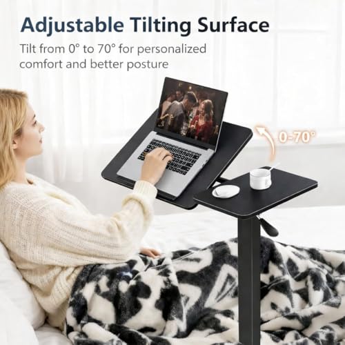 WSA Adjustable Standing Desk with Wheels Pneumatic Height Adjustable Rolling Laptop Desk Tiltable Mobile Computer Workstation Overbed Bedside Table for Home Office Sofa Couch & Hospital Bed (Black) - color: Black
