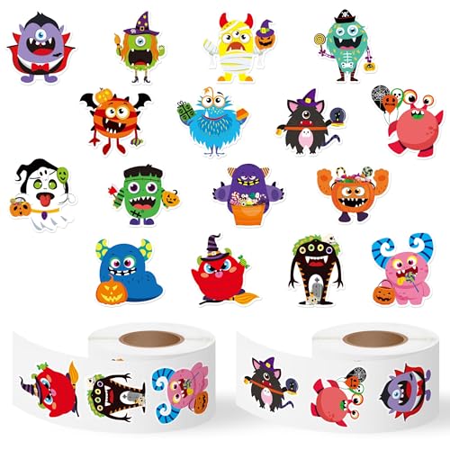 Haooryx Halloween Monster Sticker Rolls - 1000Pcs Ghost Pumpkin Frankenstein Monster Stickers Waterproof Vinyl Self-Adhesive Water Bottle Page Activity Pad Halloween Junk Journal Scrapbooking Supplies - style: Halloween Monster 2Roll