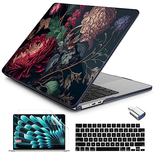 Batianda LumiArt Case for MacBook Air 13.6" M2-M5 Chip, Vintage Dark Peony | 4-in-1 set with dark crimson floral art design, slim hard shell protection for women, creators and elegant style users - color: Vintage flower