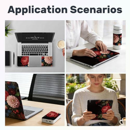 3Pcs Red Flowers Laptop Skin Sticker Plants Universal Removable Vinyl Stickers Fits for 12.1 13 14 15.6 16 Inch Waterproof Notebook Decal Cover Gift for Woman - color: Black and Light Pink