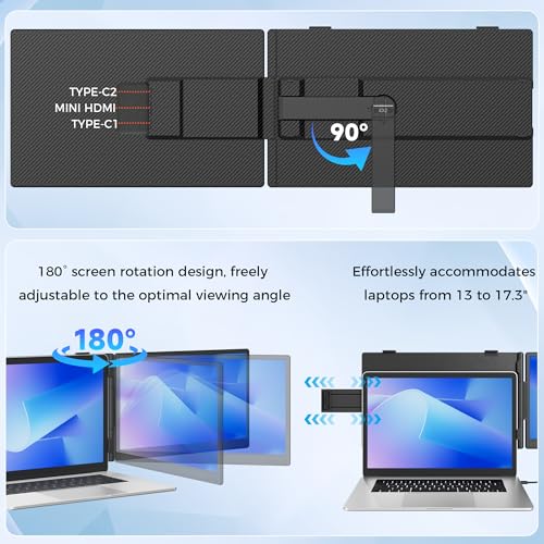 14" Laptop Screen Extender, Portable Monitor for Laptops 13-17.3", 1080P FHD IPS Dual Screen Monitor for Laptop with USB-C/HDMI, Screen Extender Portable Laptops with Plug&Play for Windows/Mac/Android