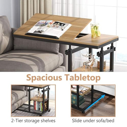 Tribesigns Height Adjustable C Table with Wheels, Mobile Couch Snack Side Table with Tiltable Drawing Board, Sofa Bedside Laptop Stand C Shaped TV Tray with Storage Shelves (Black+Oak) - color: Black+oak